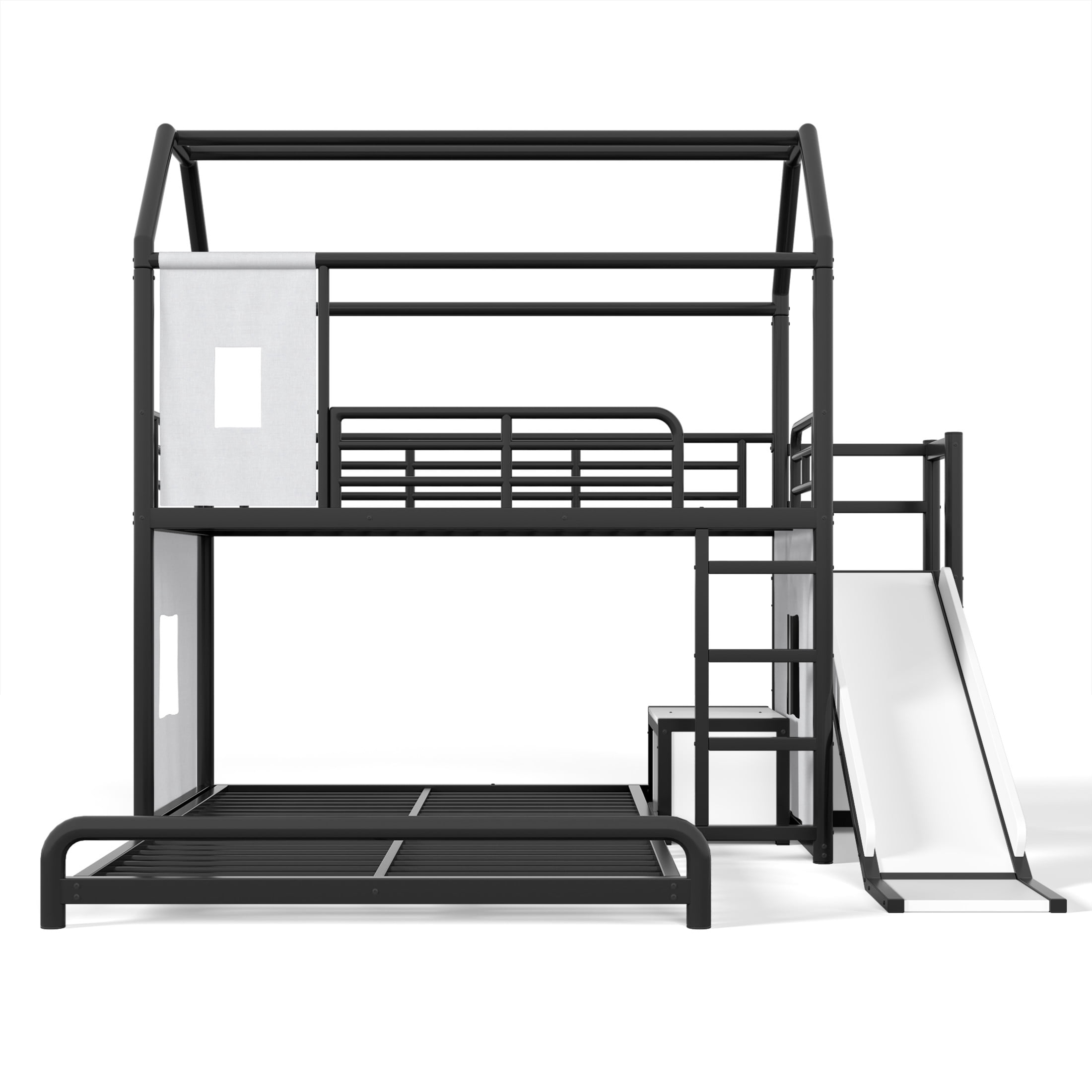 GDF Studio Twin over Full Playhouse Bunk Bed with Slide, Ladder, LED Light, Cabinet & Curtain Rod, Black