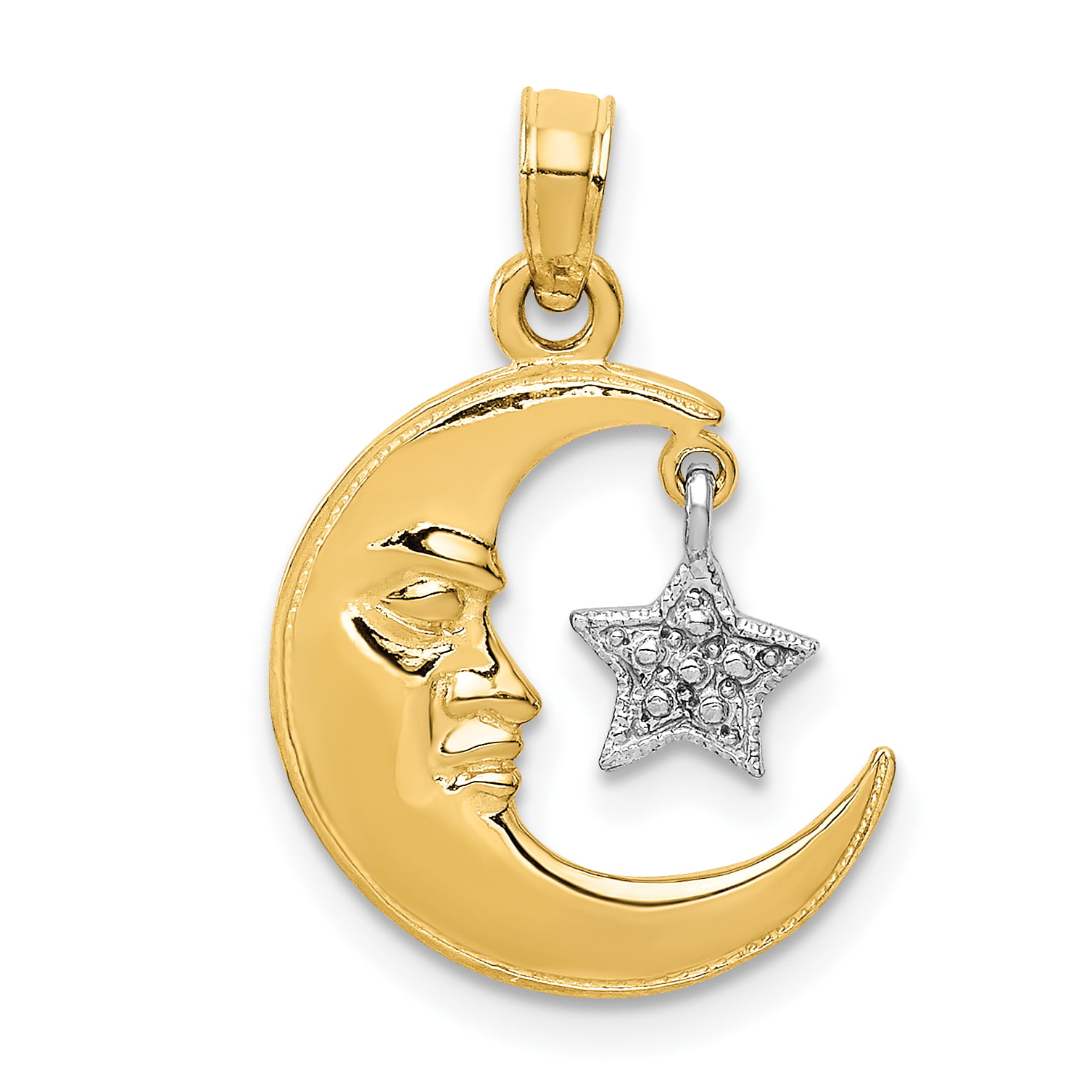 14k Two Tone Gold Polished Open-Backed Half Moon & Star Pendant 