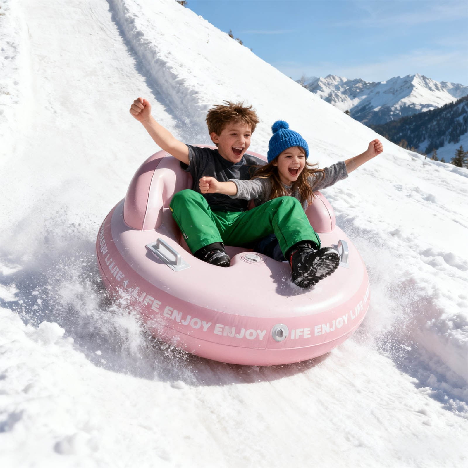 FHBVT Snow Tube Sled Inflatable Winter Riding Toy PVC Heavy Duty Round Snow Tube With Handles Fast Inflation Fun Outdoor Snow Play Hillside Backyard Winter Activity Kids Family Holiday Snow Toy