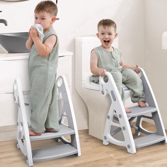 Primlect Potty Training Toilet Seat, 2 in 1 with Ladder, Adjustable Height ,for Ages 1-3, Gray
