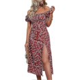 thumbnail image 1 of Vestido floral de mujer con hombros descubiertos, cuello cuadrado, mangas cortas abullonadas y bajo con abertura. Vestido casual de verano., 1 of 5