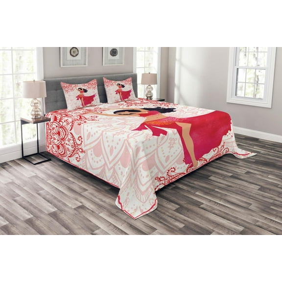 Ambesonne Oriental Quilted Bedspread Set 3 Pcs, Belly Dancer Woman, King Size, Pink Vermilion