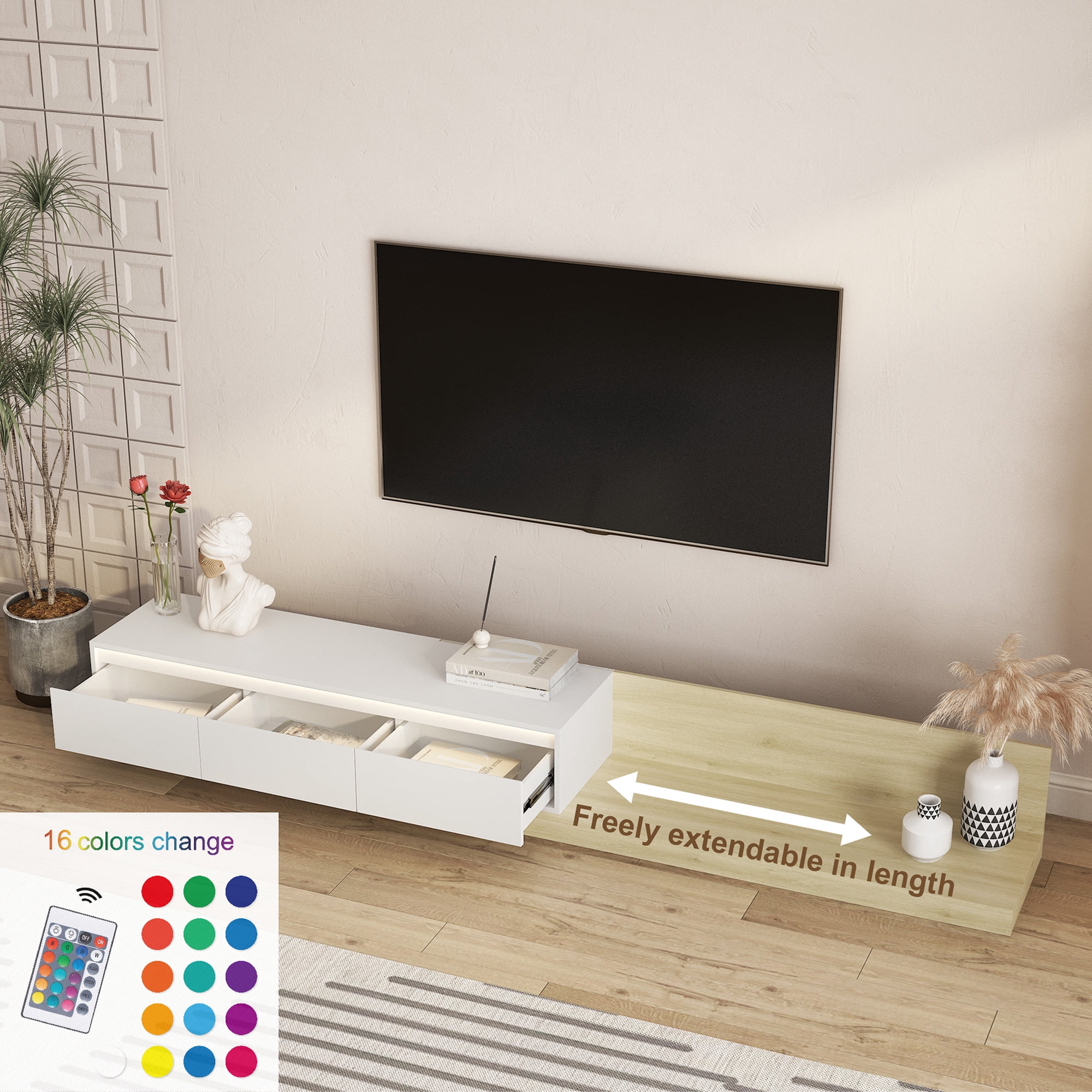 Aukfa Extendable LED TV Stand for TVs up to 75" W/16-Color Lights for Living Room & Bedroom,White