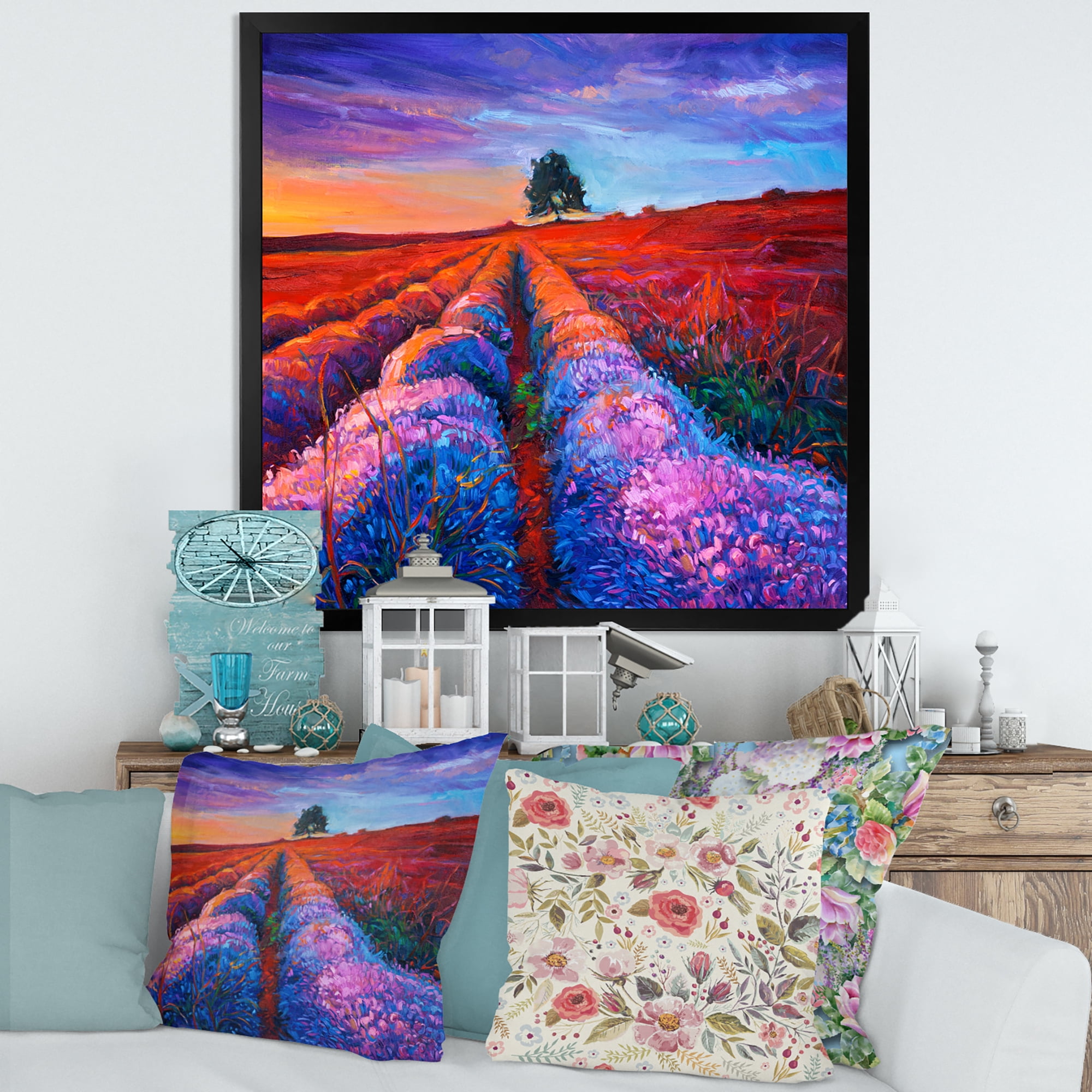 Designart 'Lavender Fields With Distant Tree & Sunset Glow' Farmhouse Framed Art Print