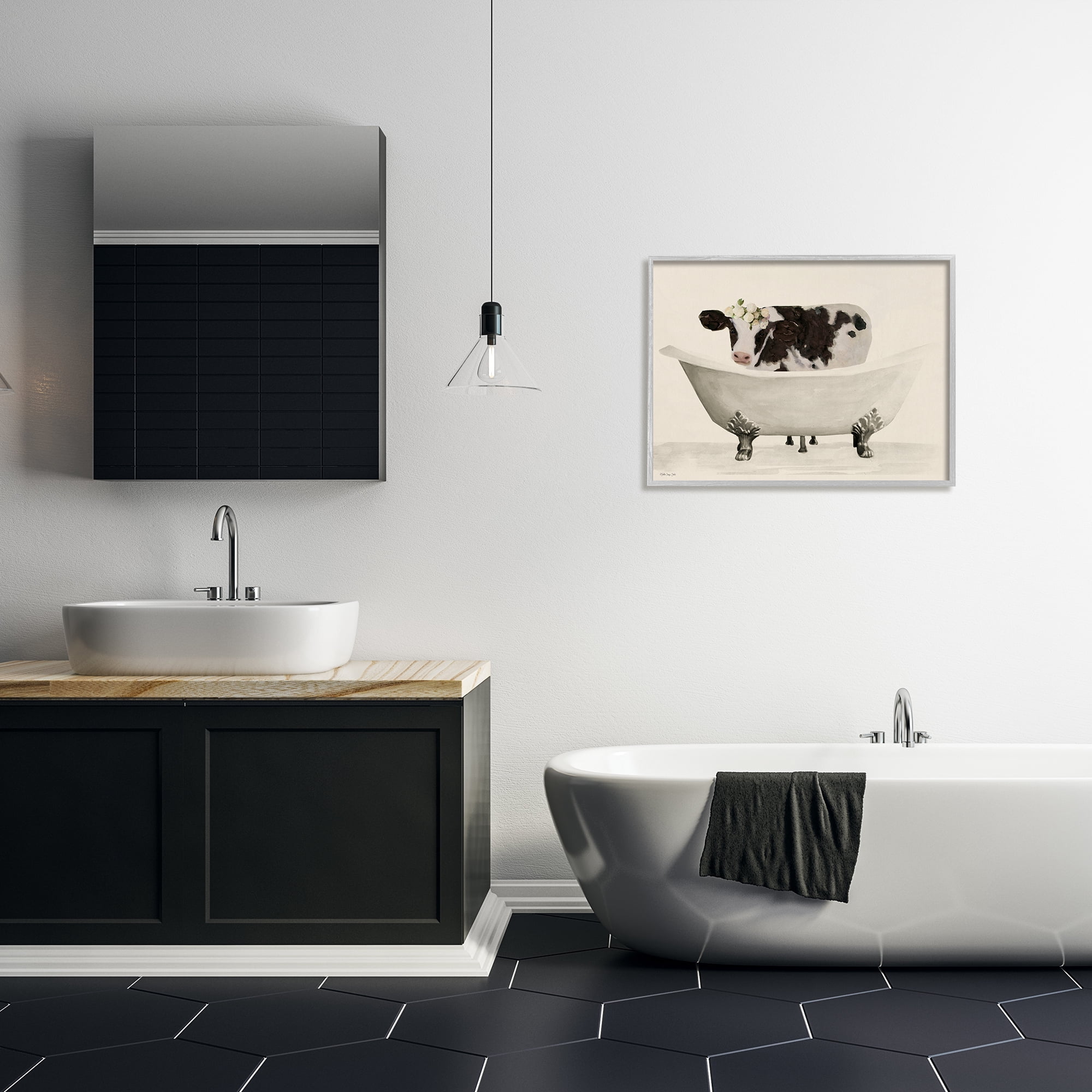 Stupell Industries Antique Bathtub Cow Animals & Insects Painting Gray Framed Art Print Wall Art, 30 x 24