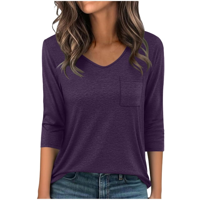 Camisas de Manga Larga Casual de las Mujeres Color Sólido Plisado V-Cuello Blusas para Primavera Verano, Fiesta, Trabajo Y Vacaciones