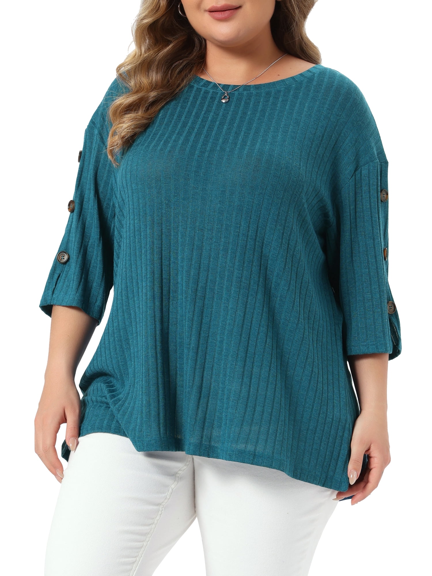 DARING DIVA Women's Plus Crew Neck Slit 3/4 Sleeve Button Tops 3X Lake Blue