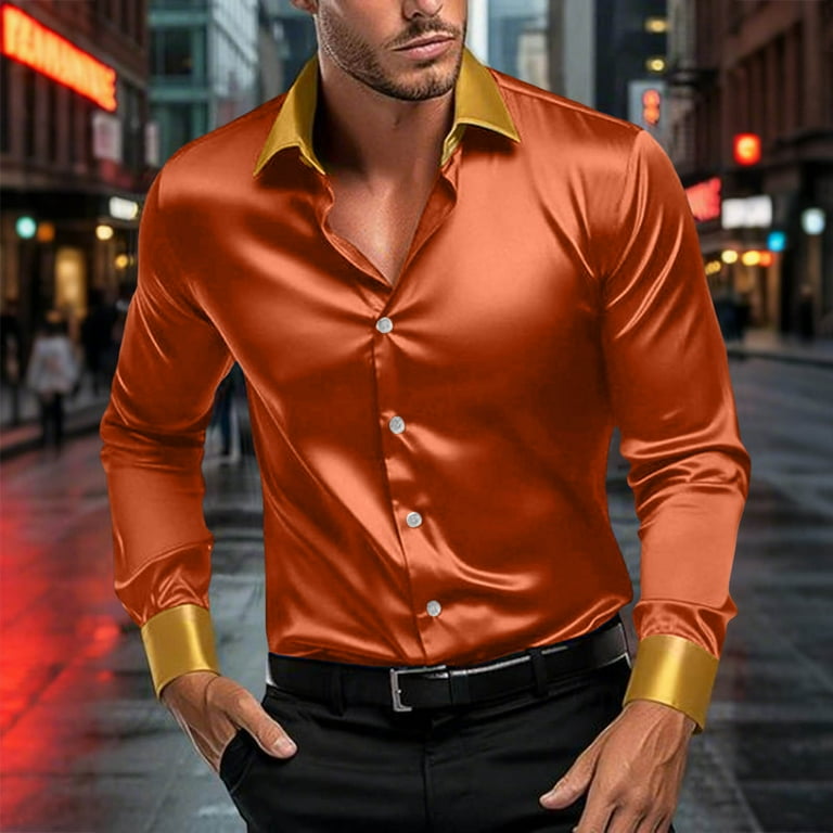 Wrtxtat Men's Luxury Satin Dress Shirt Lightweight Lapel Slim Fit Button  Down Top Long Sleeve Silk Shiny Sateen Party Shirts Big and Tall Sky Blue M