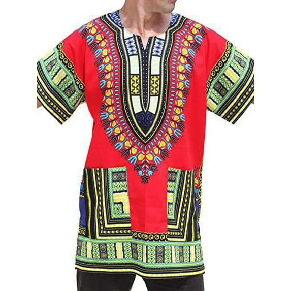 MAWCLOS Men T Shirts Tribal Festival Summer Tops African Print Dashiki T-Shirt Mens Loose Fit Tee Daily Wear Blouse Red XL