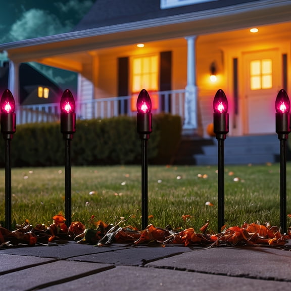 Set of 10 Purple C9 Bulb Halloween Pathway Markers - 8.75ft Black Wire
