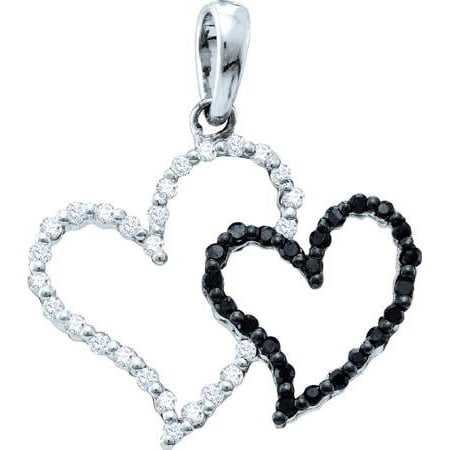 14K White Gold 0.17CT Elegant Black Round Cut Diamond Double Heart Pendant