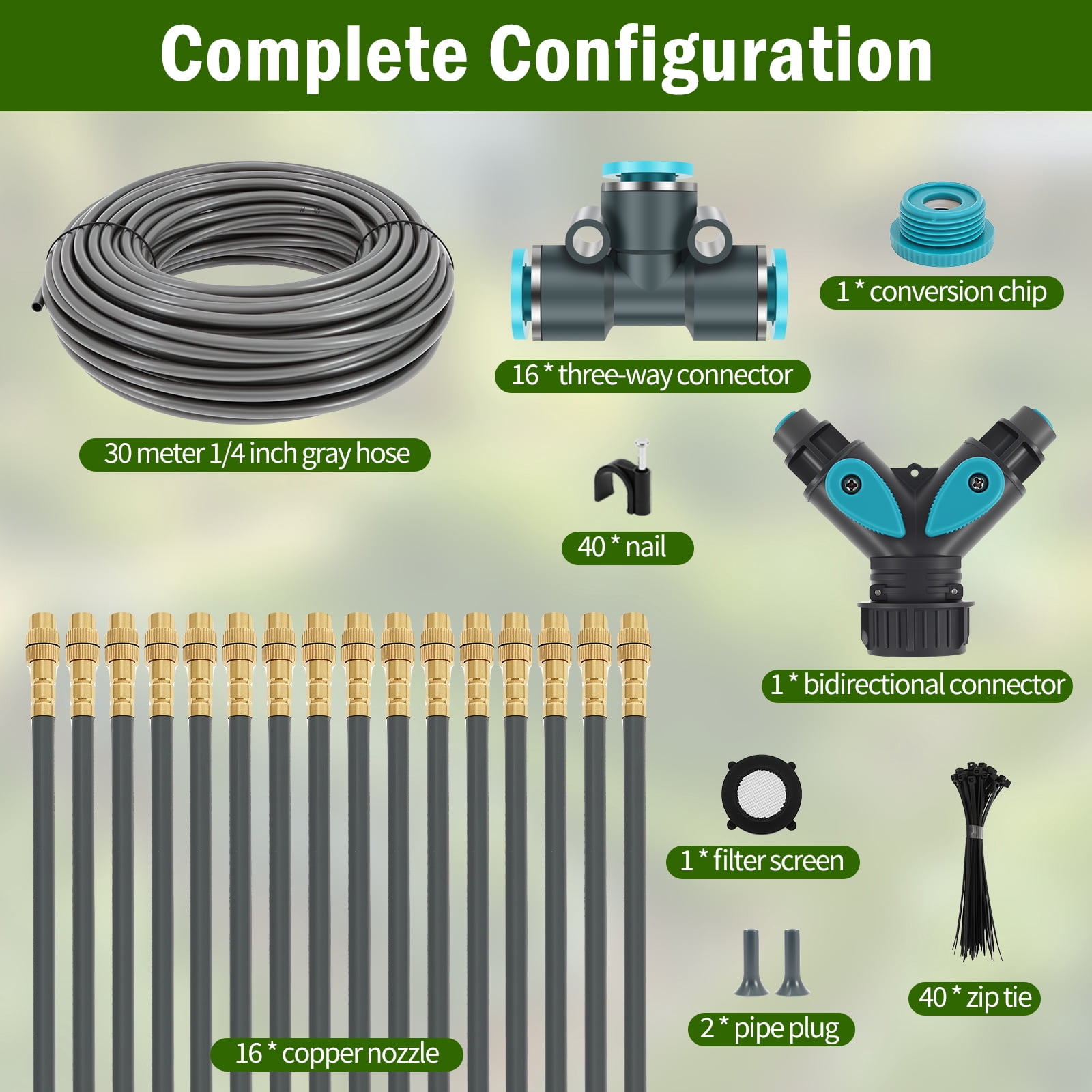 100Ft 1/4inch Drip Irrigation Kit Drip Irrigation System Garden Irrigation Kit with 360° Adjustable Copper Nozzles for Outdoor Greenhouse Lawn
