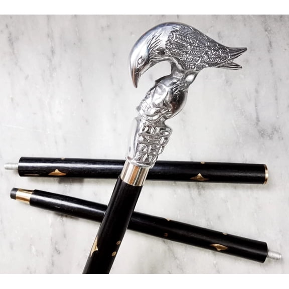 Wooden Bird-on-Skull Handle Elegant Silver Finish Walking Cane