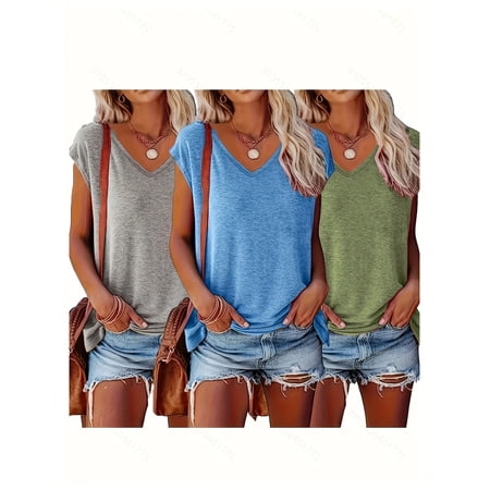 ZOELNIC 3 Pack Women s Short Sleeve V-Neck T-Shirts - 2025 Summer Fashion Loose Fit Cute Tees Trendy Basic Tops XL