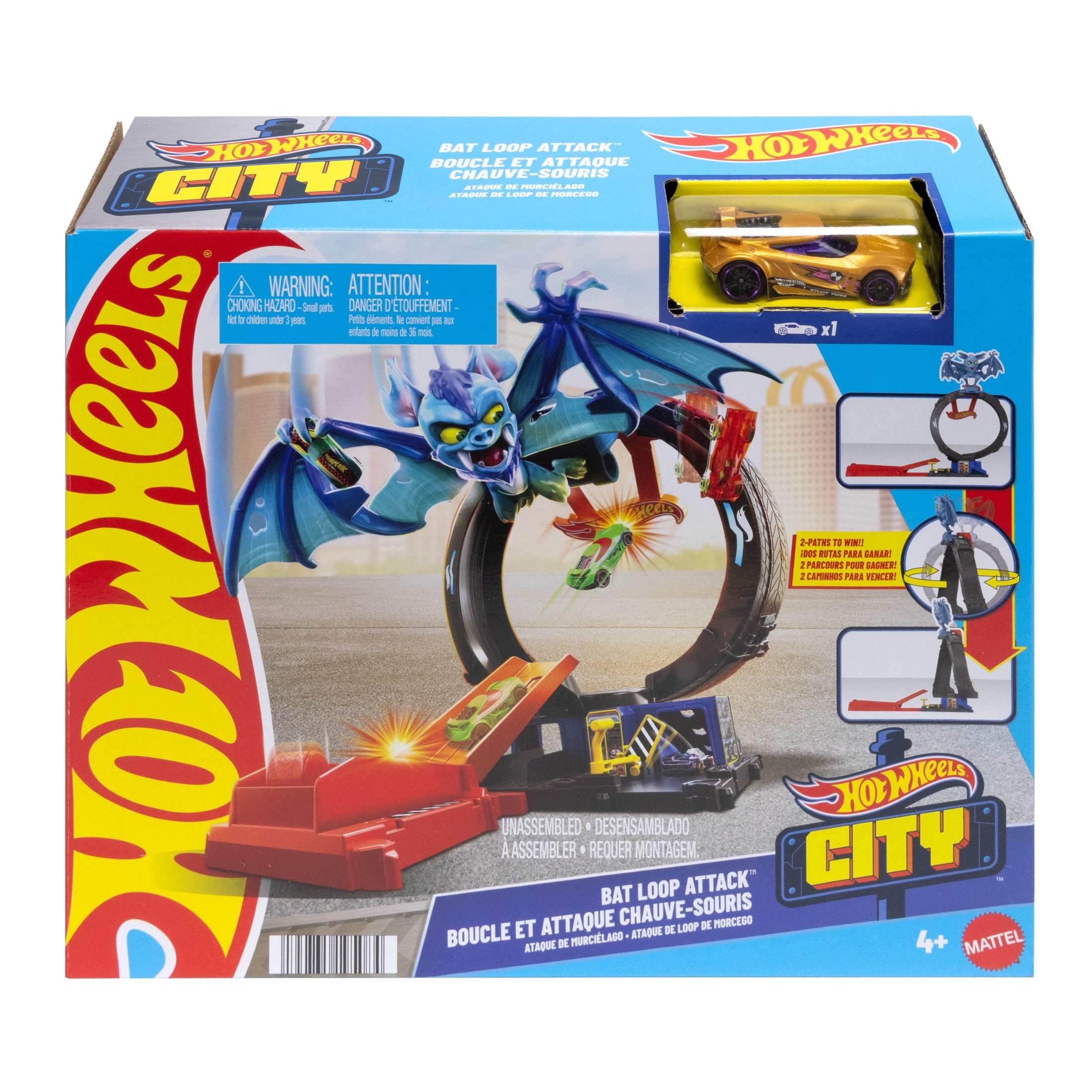 Hot Wheels City Bat Loop Attack Playset with 1:64 Scale Toy Car Inspired by Netflix’s “Let’s Race”
