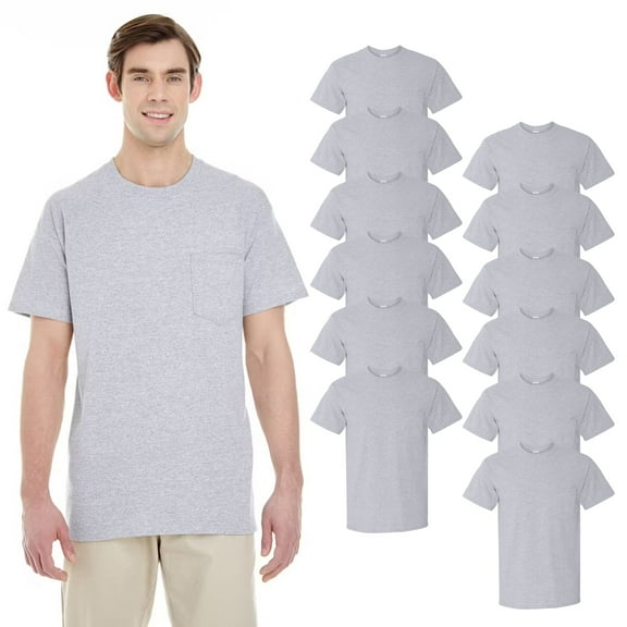Gildan Heavy Cotton Men Crewneck Pocket T-Shirt, Short Sleeve Sport Grey Tee, 12 Pack Bulk, L