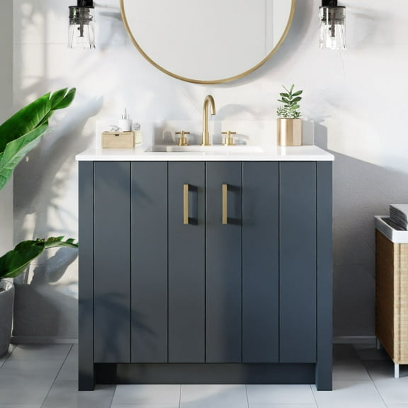 Cora 36 Inch Solid Oak Bathroom Vanity with Rectangular Undermount Sink - Navy