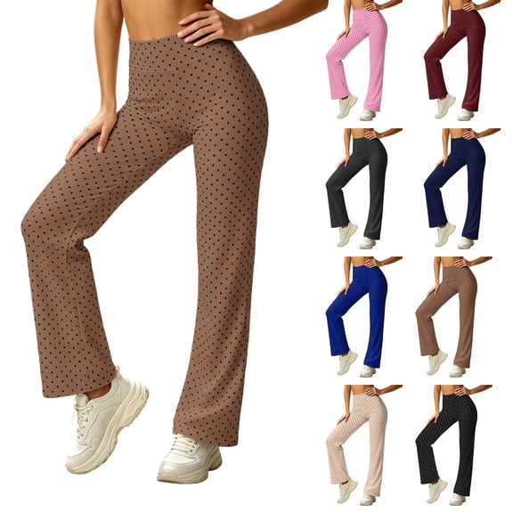 Stamzod Flare Pants for Women Fashion Polka Dots Printed High Waisted Leggings Loose Fit Stretchy Yoga Pants
