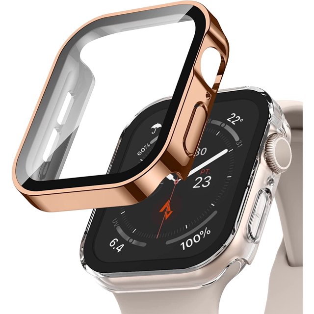 2 Pack Hard Case Compatible with Apple Watch 44mm Series 6 SE Series 5 Series 4 with Tempered Glass Screen Protector, Rosegold/Clear Ultra-Thin Durable Waterproof Protective Cover for iWatch