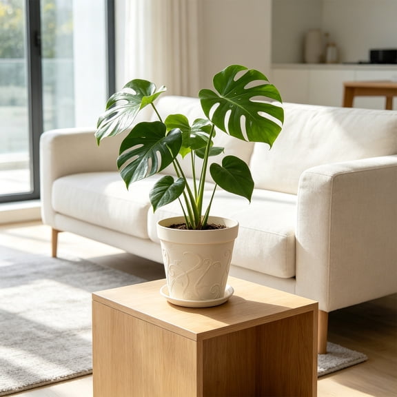 Large Faux Ceramic Embossed Planter with Sturdy Plastic Construction and Removable Tray, Modern Plant Pot for Flowers, Greenery, and Home Garden Decoration.