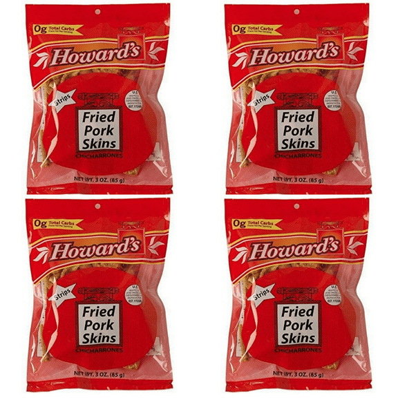 Howards Fried Pork Skins Strips | Crispy Texture, Low Carb, Delicious Flavor | Guilt Free Diet Friendly Low Sugar Snacking | 3oz, Pack of 4