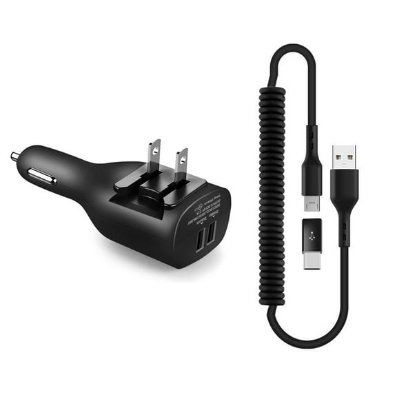 2-in-1 Car Home Charger for T-Mobile REVVL 6x/Pro 5G - Coiled USB Cable Micro-USB to USB-C Adapter Charger Cord Power Wire Black Folding Prongs X1O for REVVL 6x, 6x Pro 5G Phones