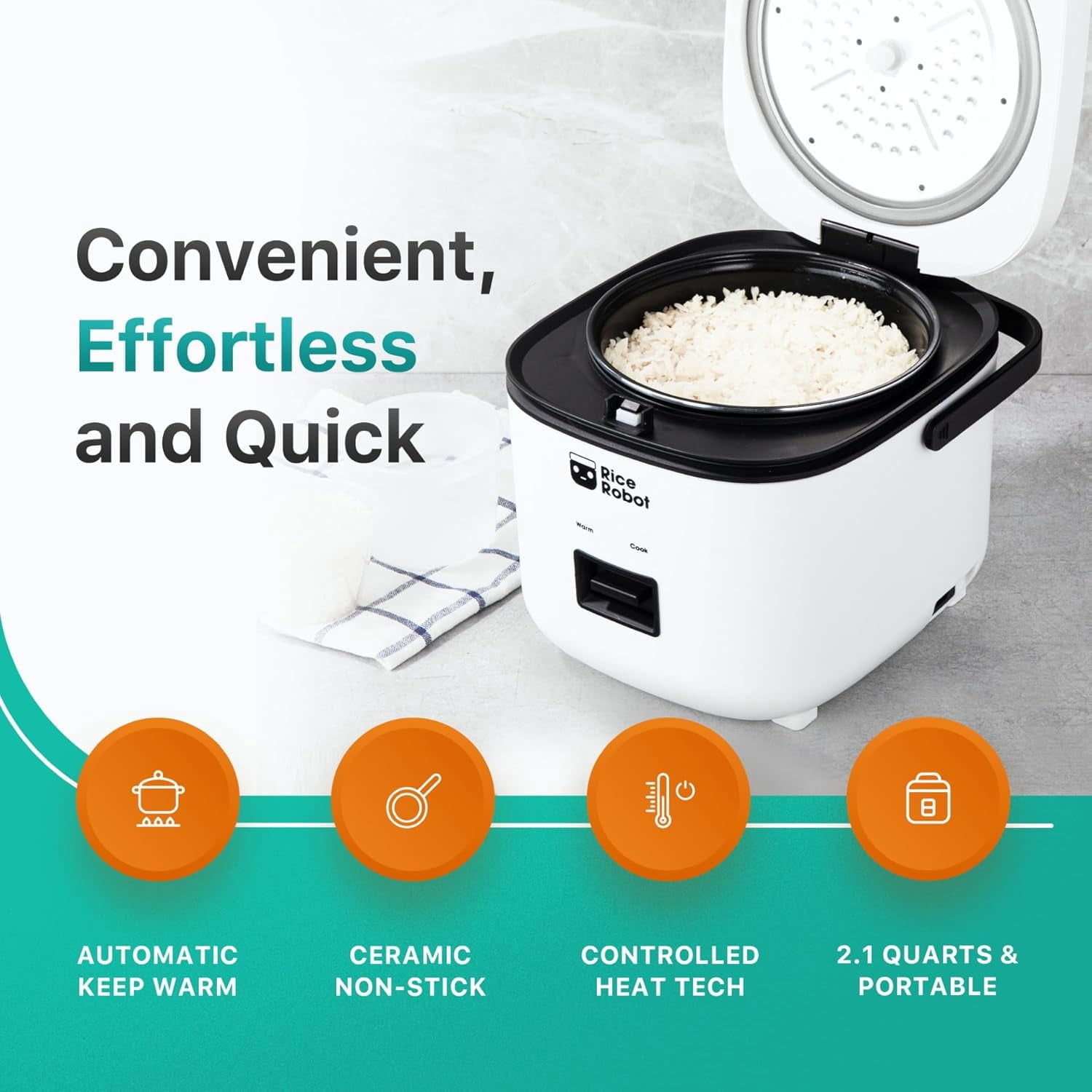 Open Box Rice Robot XL Rice Cooker – Family Size 4 Cup Uncooked (8 Cups Cooked) Electric Rice Maker, Ceramic Nonstick, Includes Stainless Steel Steamer Tray and Accessories | As Seen on TV