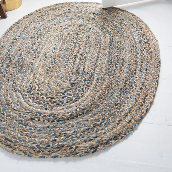 Unique Loom Braided Chindi Collection Area Rug - Crossed (4' 1" x 6' 1" Oval Natural/Blue)