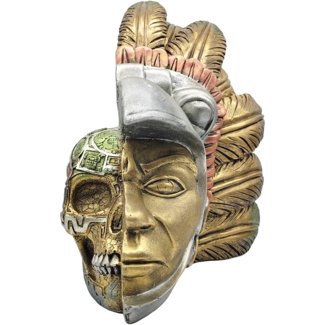 MORIN Imágenes | Calavera guerrero azteca con pluma | 32 cm | (Dorado)