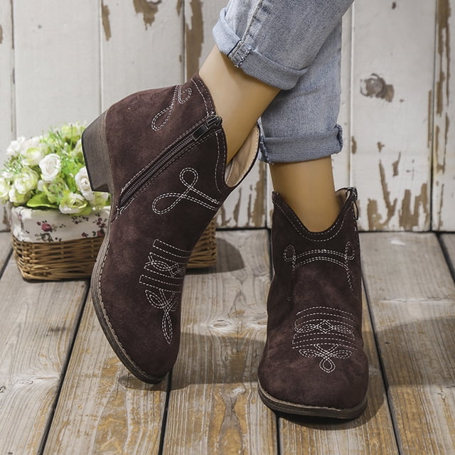 LSLJS Bottines à Talon Bas pour Femmes, Bout Rond, Grande Taille, Broderie, Bottines Courtes pour Femmes, Chaussures à Bout en V, Espadrilles pour Femmes
