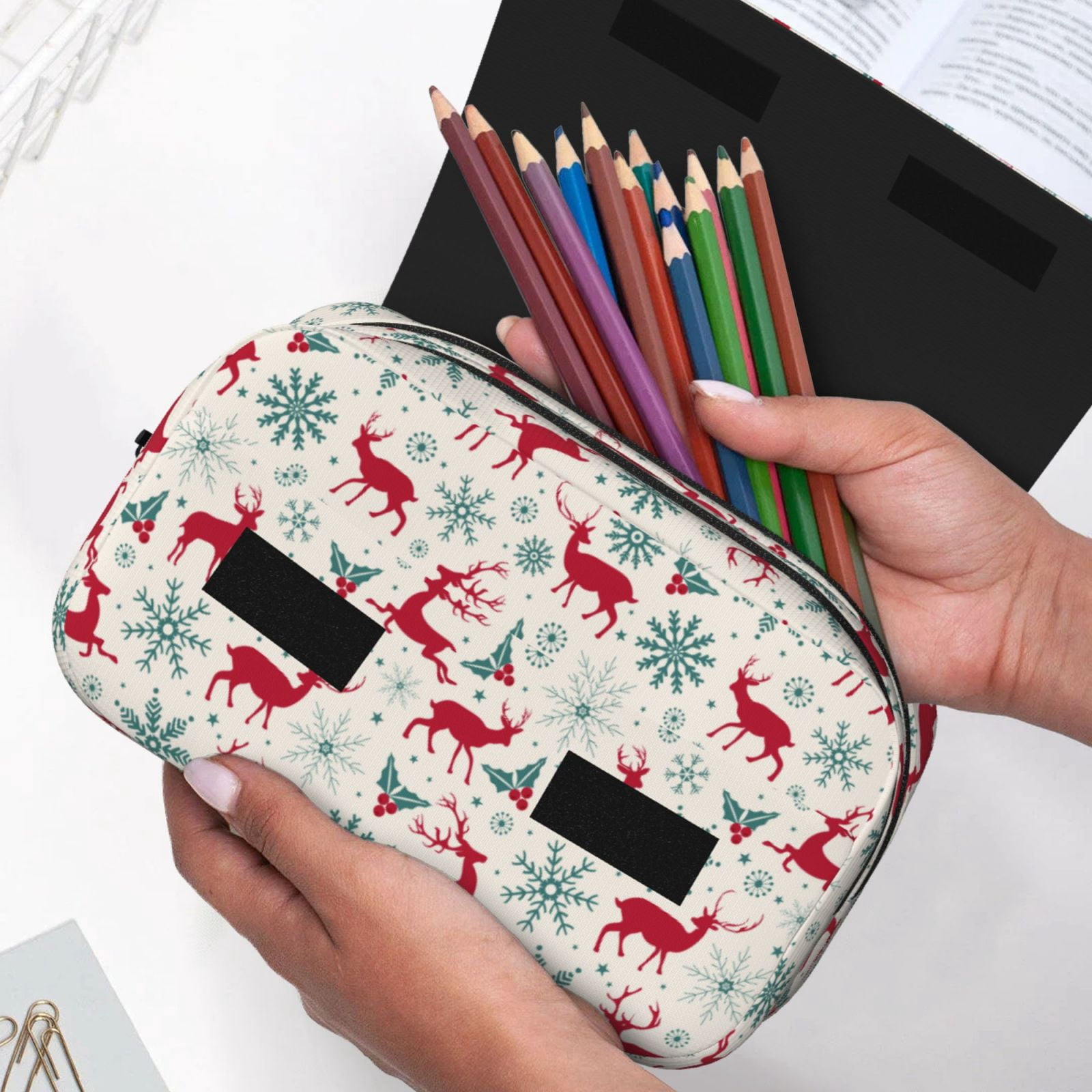 Rateoe Vintage Christmas Reindeer Pattern Double Clamshell Pen Case, Storage Organizer with Two Zipper Compartments– Holds Up to 50 Pencils & Pens
