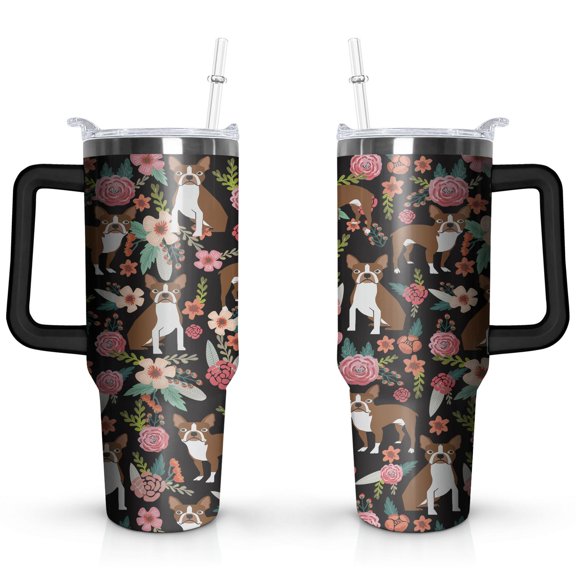 Boston Terrier Tumbler - Vacuum Insulated Double Wall Travel Tumbler - Dog Lovers Gifts for Women - Insulated Coffee Tumblers - Handle and Silicone Straws 40 OZ