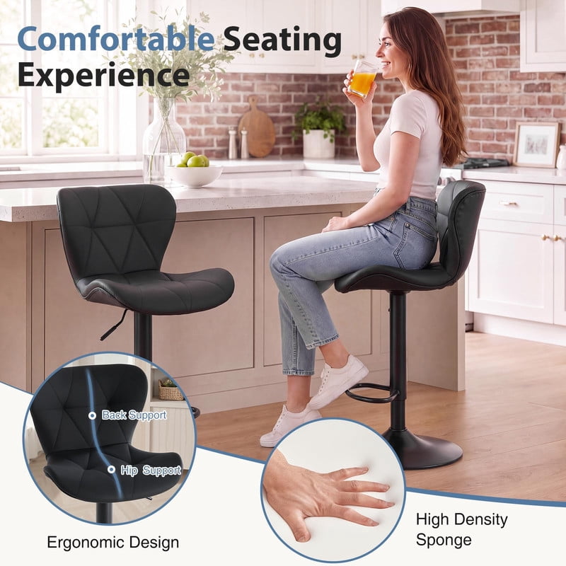 Kelno Swivel Bar Stools Set of 2 Adjustable Height PU Leather Seat with Backrest 360° Swivel for Kitchen Island, Ink