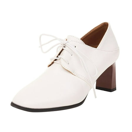 

Women s Formal Shoes Ladies British Fashion Solid Color Lace Up Square Head Thick High Heeled Casual Leather Shoes