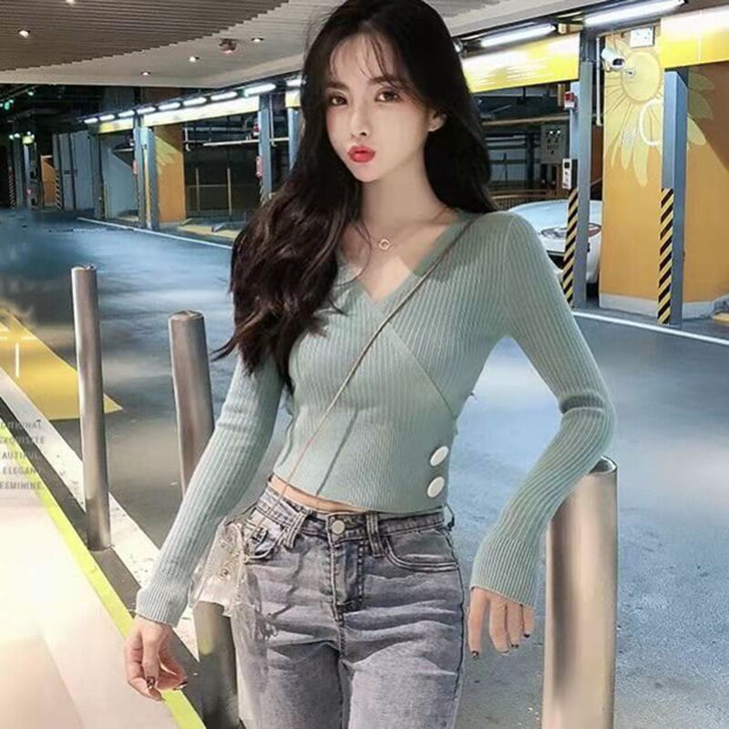 PIKADINGNIS Spring High Elastic Knitted Sweater Woman Sexy V-Neck Women  Sweaters And Pullovers Korean Long Sleeve Pull Femme 