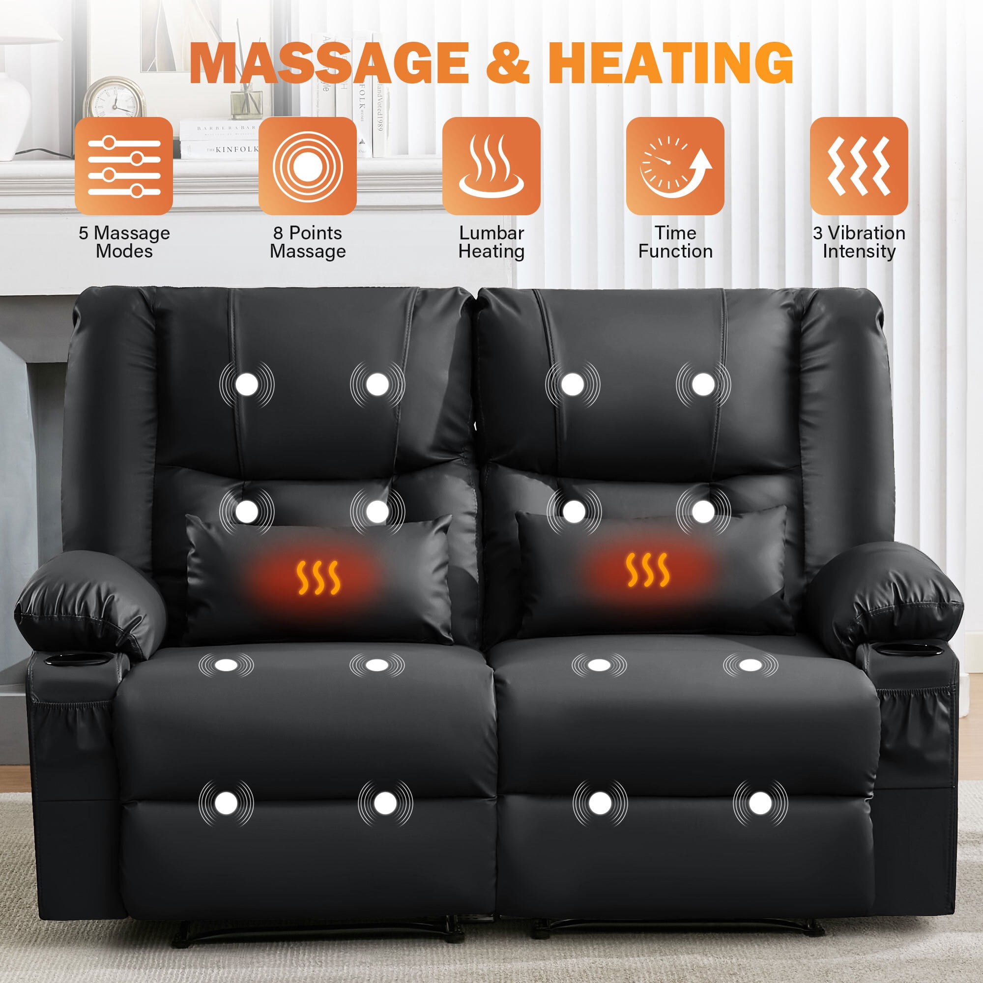 Alvantor Loveseat Recliner Sofa for Adults with Massage & Heating, Modern Leather Manual Recliner Chair with Cup Holders for Home Theater Black