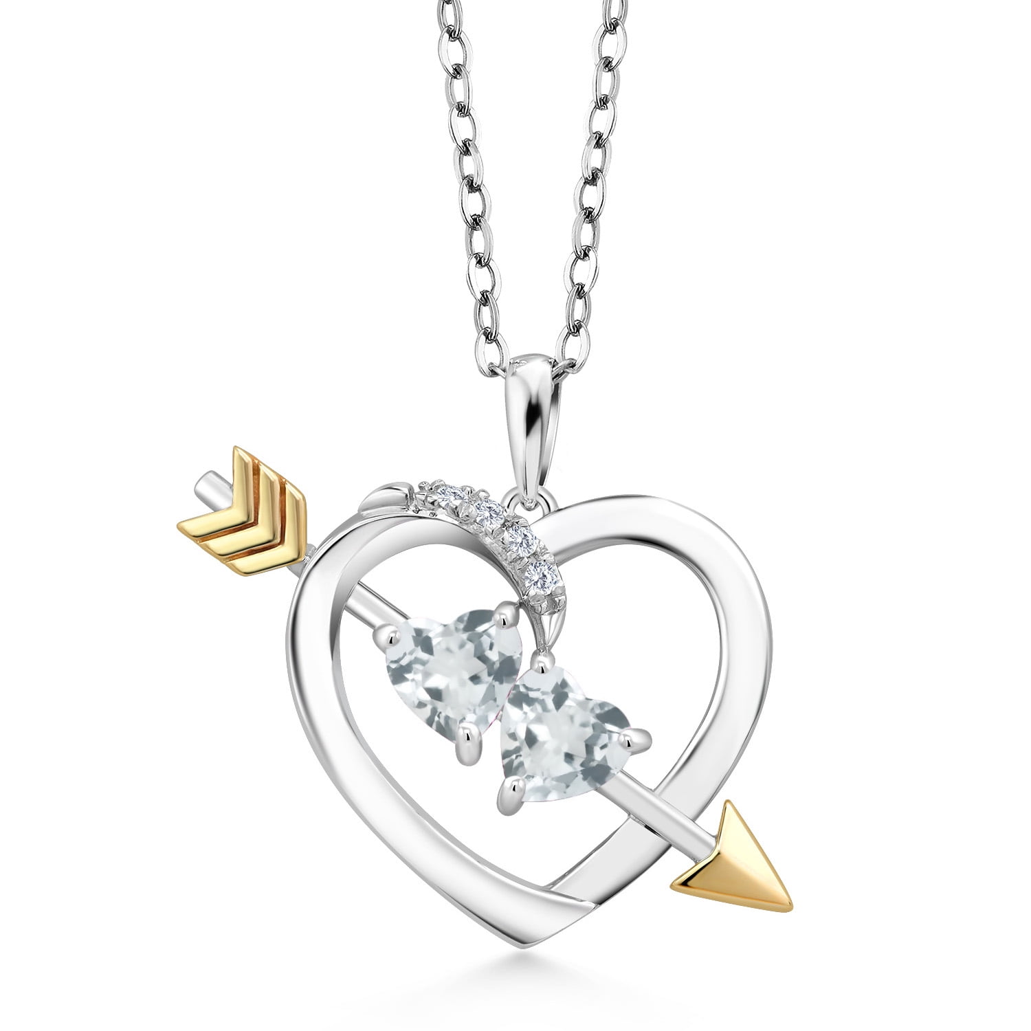 Gem Stone King 0.87 Ct Heart Shape Sky Blue Aquamarine 925 Silver and 10K Yellow Gold Lab Grown Diamond Pendant