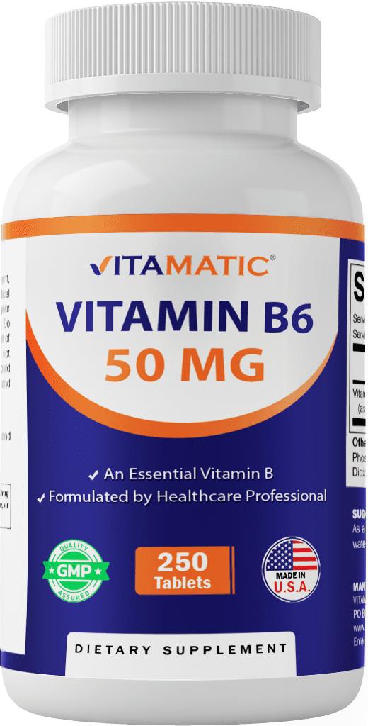 (3 pack) Vitamatic Vitamin B6 (Pyridoxine HCI), 50 mg 250 Vegetarian Tablets - Promotes Energy Production, boosts Metabolism and Immune Health Support