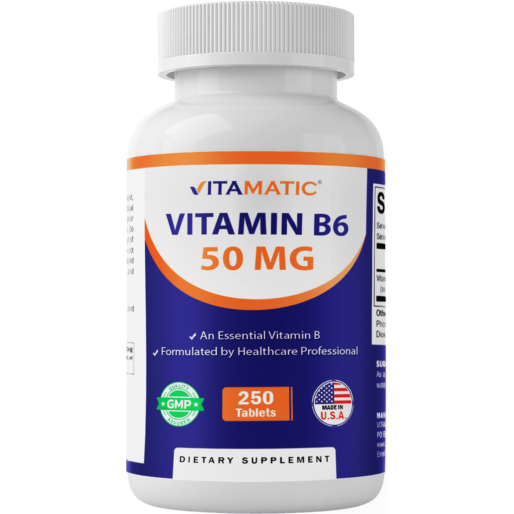 Vitamatic Vitamin B6 (Pyridoxine HCI), 50 mg 250 Vegetarian Tablets - Promotes Energy Production, boosts Metabolism and Immune Health Support