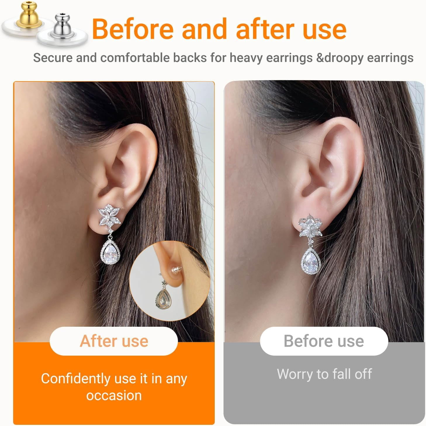 Earring Backs for Heavy Droopy Earrings - 12mm/0.47 Inch Large Secure Locking Backs for Women & Men for Any Occasion, Durable and Stylish Earring Backing Replacement for Studs, Silver 6 PCS