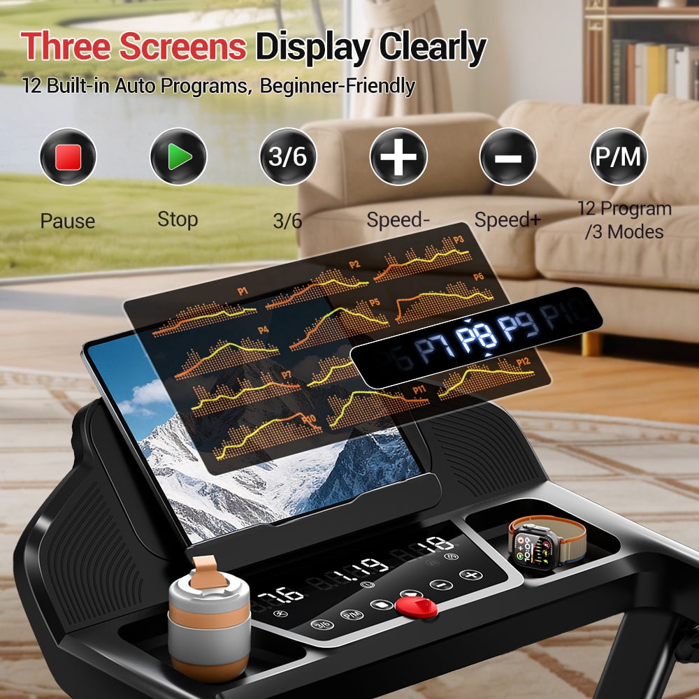 CURSOR FITNESS 4-in-1 15% Incline Folding Treadmill for Home, 3.0HP Quiet Motor with 7-Layer Shock Absorption, 300 lbs Capacity, 3 LED Displays with Handrails