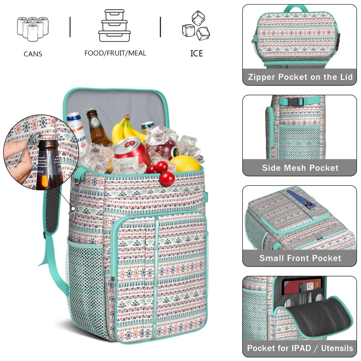 Travel Cooler Bag - Boho Bohemia Pioneer Flower Geometric Line Art Camping Beer Cooler Backpack with Bottle Opener- Waterproof Insulated Picnic Backpacks - Cooler Bag for Beach