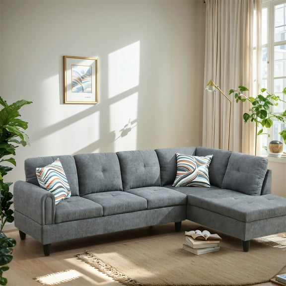 Hommoo Flannel L Shaped Sectional Couch and Sofa Set, Modern Living Room Furniture Set, Right Side, Dark Gray