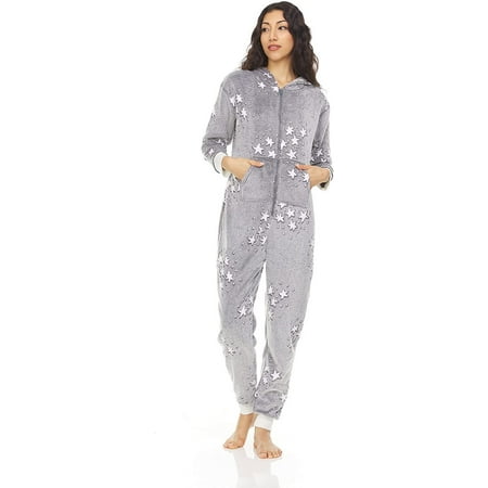 Bearpaw Women's Onesie Pajamas with Fluffy Hoodie and Ears, One Piece Fuzzy Pajama Set X-Large, Grey