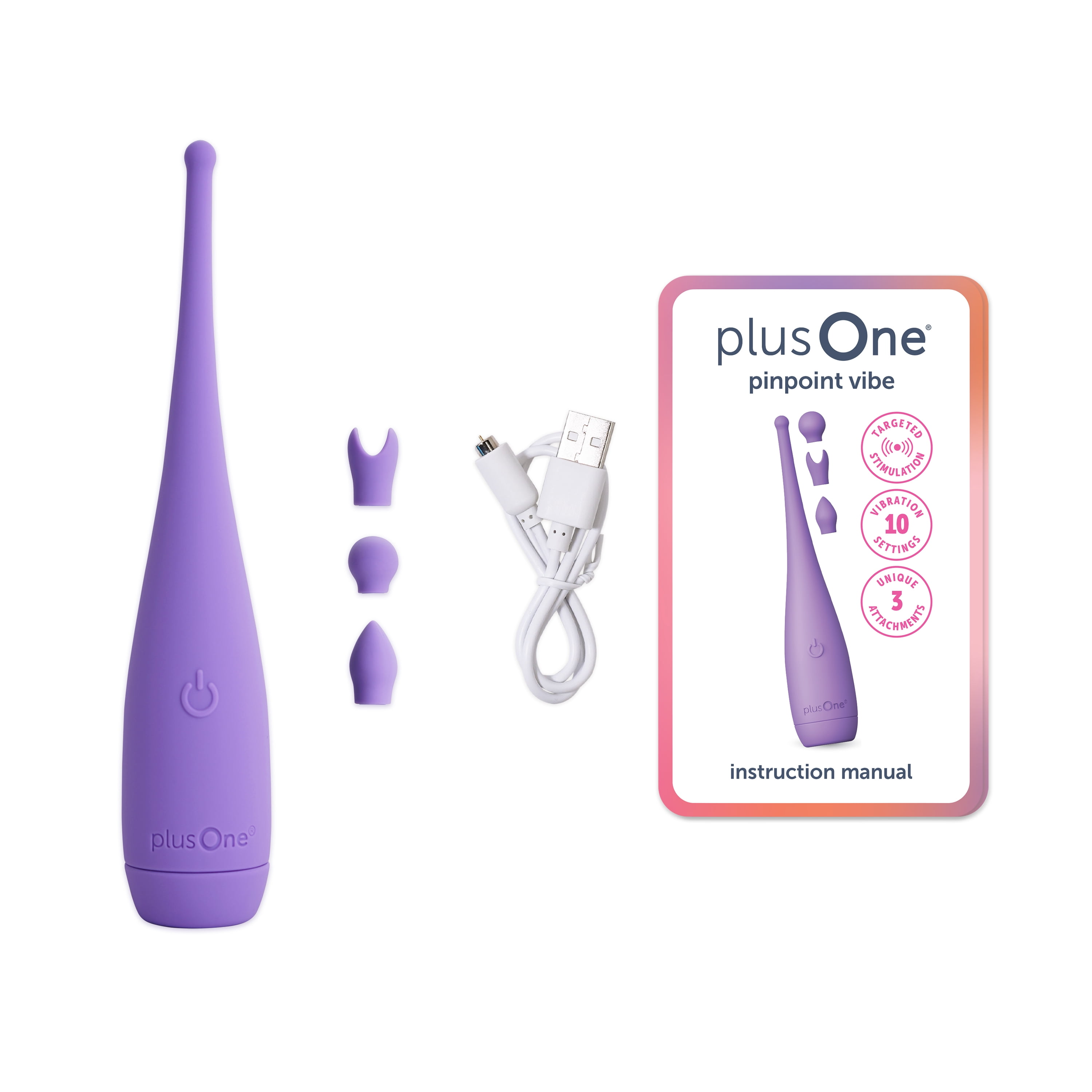 plusOne Pinpoint External Vibrator, 3 Different Tip Attachments, 10 Vibration Settings