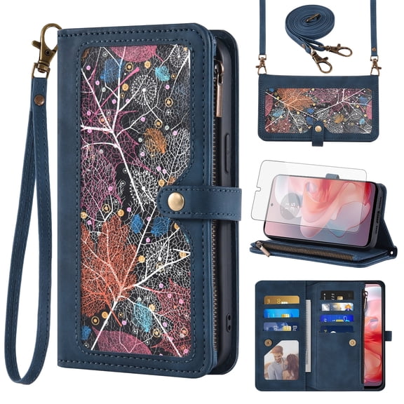 Asuwish Phone Case for Motorola Moto G Power 5G 2024 Wallet Cover With Tempered Glass Screen Protector Crossbody Wrist Strap Flip Pattern Zipper Credit Card Holder Stand Slot Cell G5 Women Men Blue