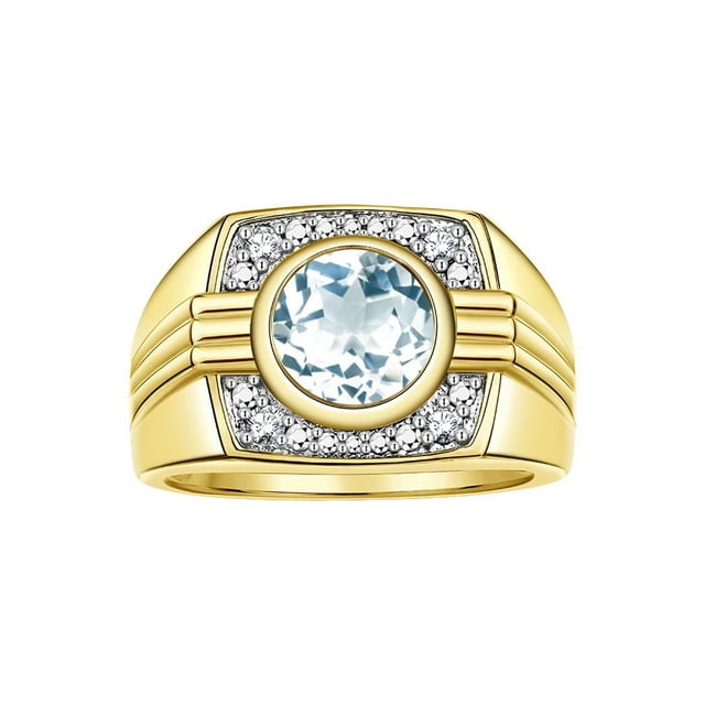 RYLOS Mens Rings Yellow Gold Plated Silver Designer Round Gemstone & Diamond Ring Aquamarine March Birthstone Rings For Men, Men's Rings, Silver Rings, Sizes 8 - 13