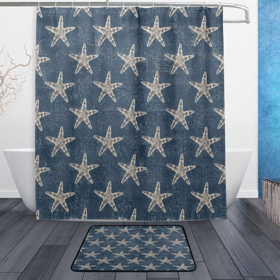 TTYFWHD 60" x 72" Shower Curtain and Bath Mat Set Retro Coastal Starfish Design Waterproof Bathroom Curtain with 12 Hooks, Bathroom Decor Set