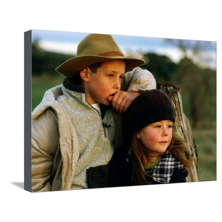 Double Leaning Post Young Farm Boy and Girl Leaning Against a Fence Post, Hamilton, Victoria, Australia Stretched Canvas Print Wall Art By Daniel Boag ()