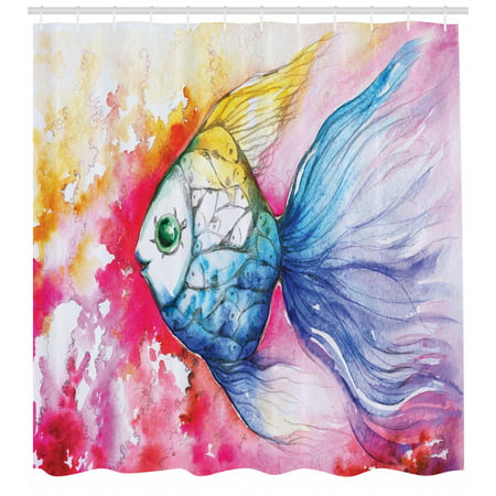 Fish Shower Curtain, Watercolor Fish Paint with Grunge Vivid Brushstrokes and Splashes Nautical Concept, Fabric Bathroom Set with Hooks, Multicolor, by